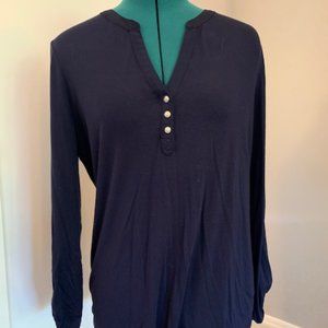 WHBM Long-Sleeved Navy Blouse w/Cuffed Button Sleeves & 3 buttons - Size M